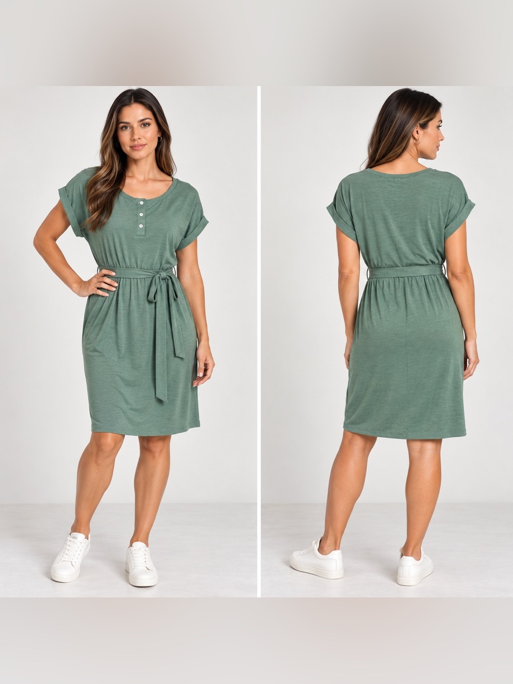 ZESICA Women’s XL Sage Green Henley Button Belted Midi Dress Casual